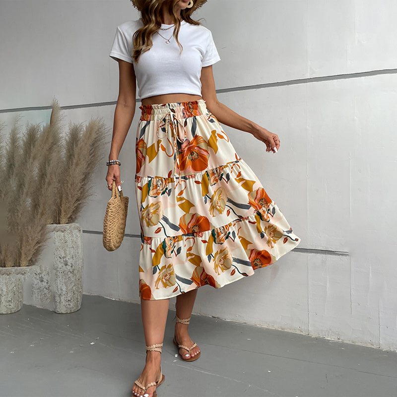 Women's Floral Tiered Midi Skirt Elastic Waist Dressy Casual A-line Flowy Boho Skirts