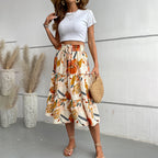 Women's Floral Tiered Midi Skirt Elastic Waist Dressy Casual A-line Flowy Boho Skirts