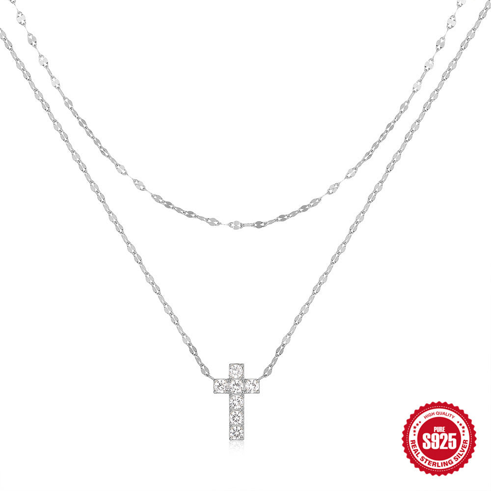 S925 Sterling Silver Double Layer Twin Diamond Cross