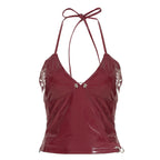 V-neck Metal Buckle Pleated Chest Slimming Leather Sling Top