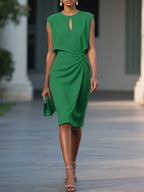 Women's Retro Elegant Cross Pure Color And Knotted Round Neck Hollow Dress