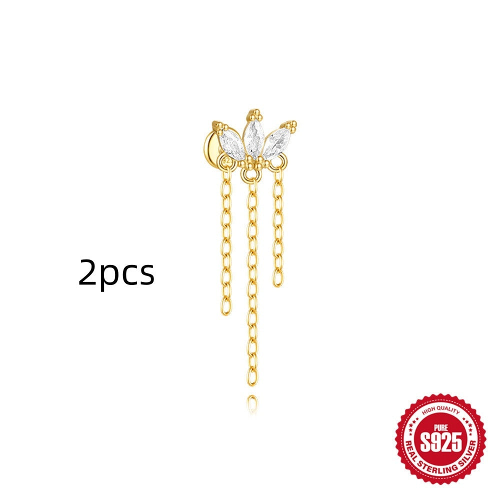 S925 Sterling Silver Geometric Kite Rhinestone-encrusted Chain Tassel Flat Head