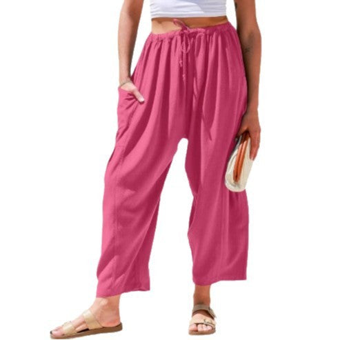 Elastic Pleated High Waist Cotton Linen Wide Leg Pants