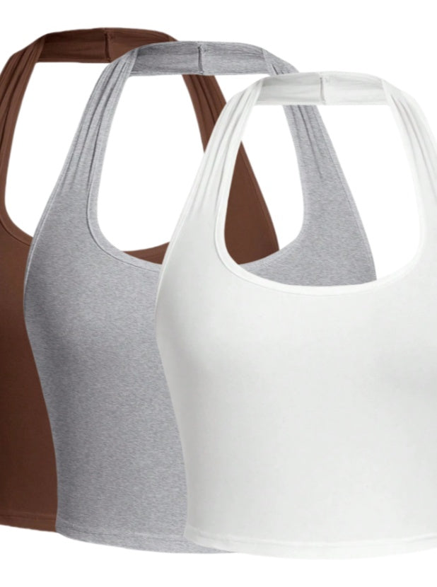 Solid Color Cropped Halter Neck Slim Fit Tank Top For Women 3PC Set