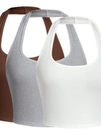 Solid Color Cropped Halter Neck Slim Fit Tank Top For Women 3PC Set