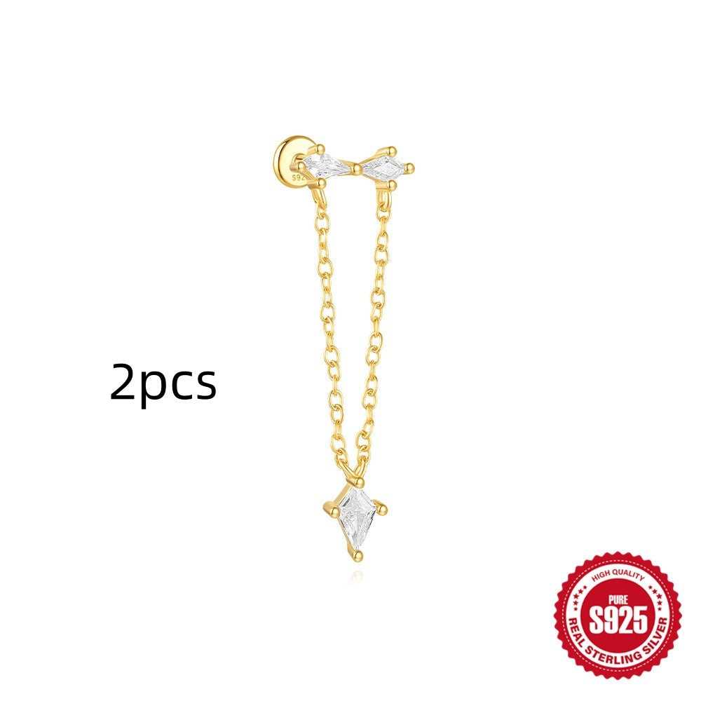 S925 Sterling Silver Geometric Kite Rhinestone-encrusted Chain Tassel Flat Head