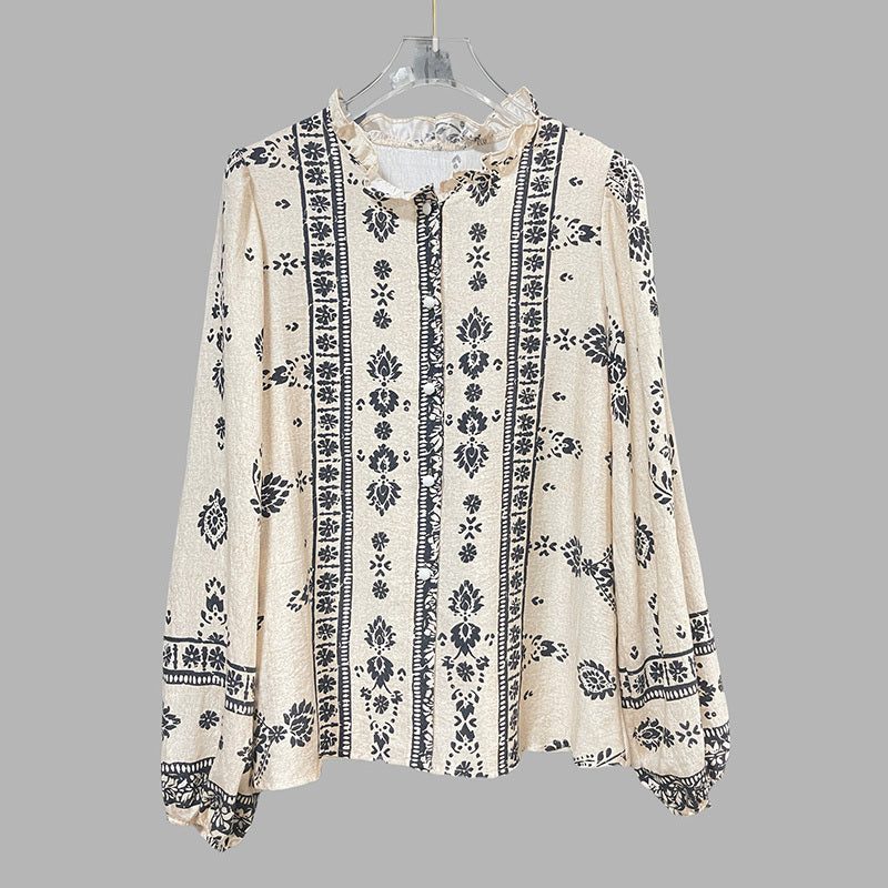 Women's Elegant Printed Blouse - Flowy Boho Shirt With Lantern Sleeves & Lace Trim, Vintage Ethnic Style Loose Top For Spring&Fall
