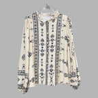 Women's Elegant Printed Blouse - Flowy Boho Shirt With Lantern Sleeves & Lace Trim, Vintage Ethnic Style Loose Top For Spring&Fall
