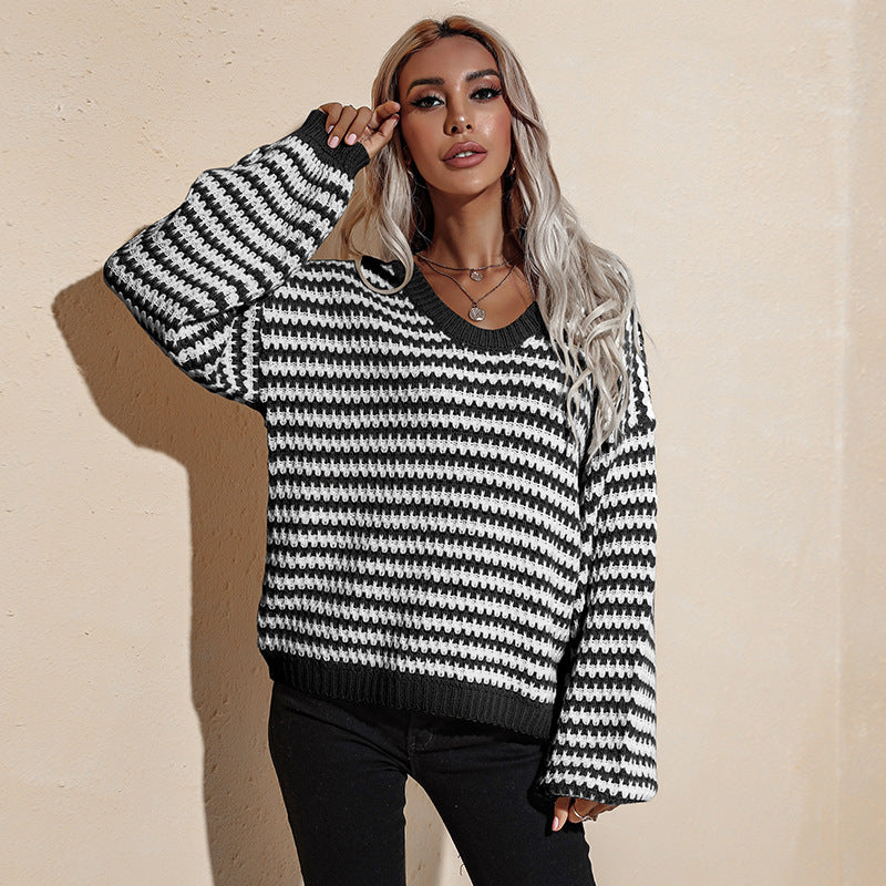 Women's Fall Winter Fashion V-Neck Loose Slim Knit Sweater Pullover