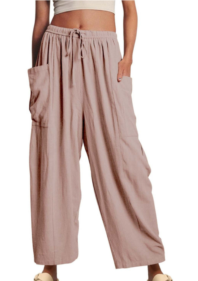 Elastic Pleated High Waist Cotton Linen Wide Leg Pants