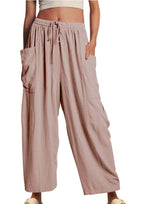 Elastic Pleated High Waist Cotton Linen Wide Leg Pants
