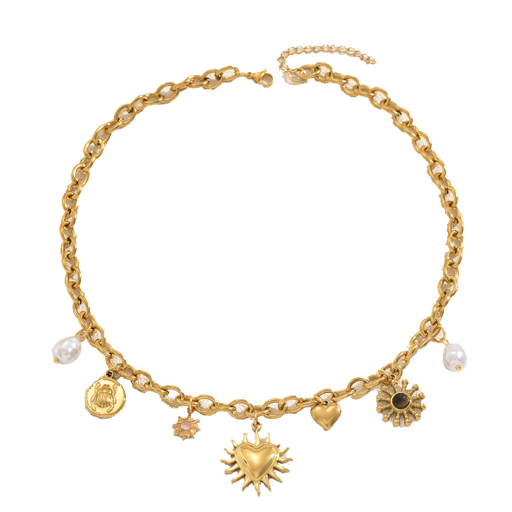 Niche Love Inlaid Pearl Gem Same Design Pendant Chain