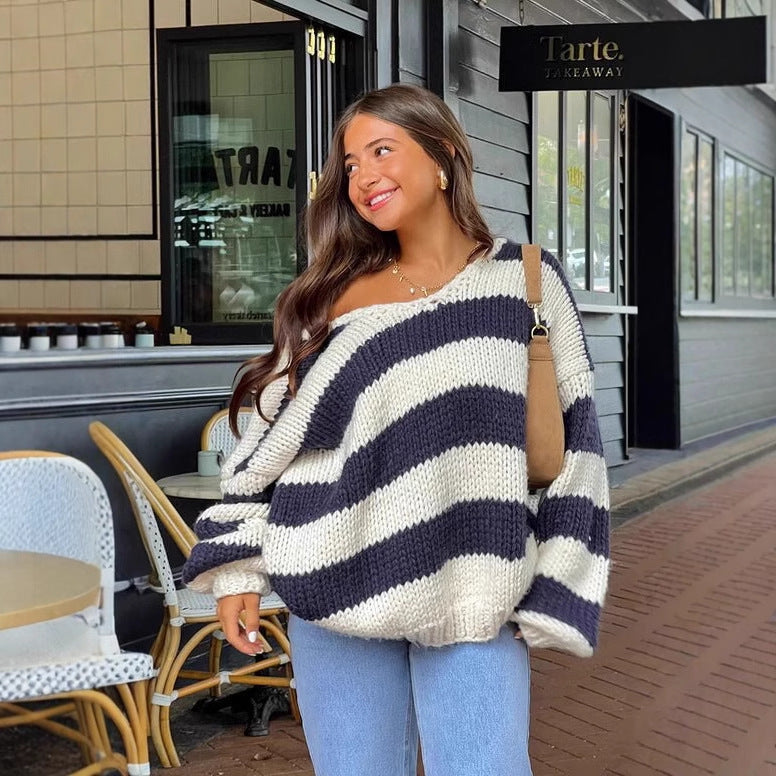 Fall Winter Fashion Casual Loose Knitted Sweater Oblique Shoulder