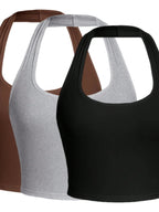 Solid Color Cropped Halter Neck Slim Fit Tank Top For Women 3PC Set