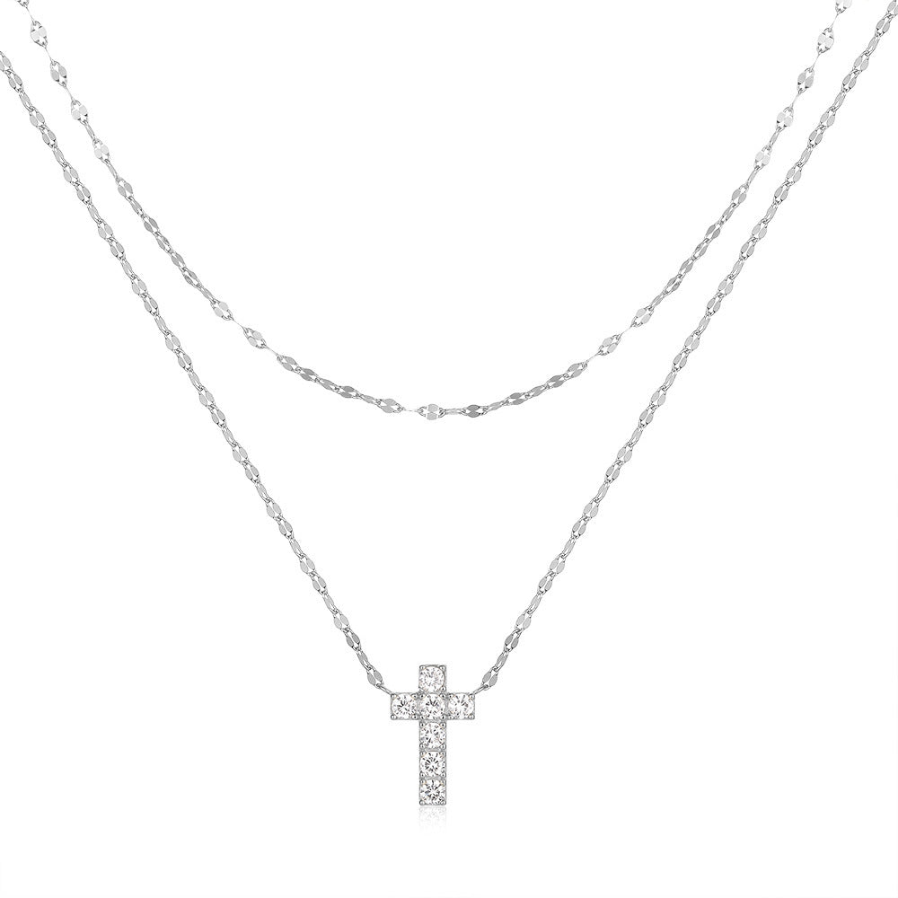 S925 Sterling Silver Double Layer Twin Diamond Cross