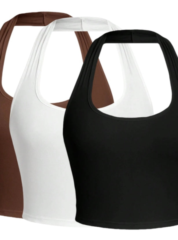 Solid Color Cropped Halter Neck Slim Fit Tank Top For Women 3PC Set