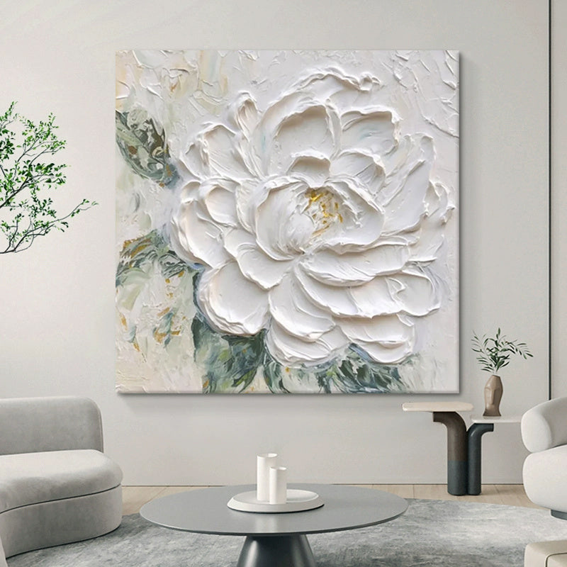 Cream Wind White Peony Flower Thick Texture Hand Drawn Oil Painting Hanging Painting