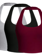 Solid Color Cropped Halter Neck Slim Fit Tank Top For Women 3PC Set