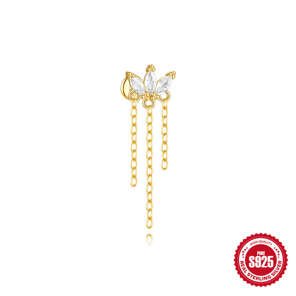 S925 Sterling Silver Geometric Kite Rhinestone-encrusted Chain Tassel Flat Head