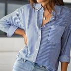 Women's Elegant Striped Long Sleeve Shirt - Pointed Lapel Collar With Chest Pocket, Button-Up Casual Blouse For Spring&Fall