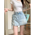 Fake Two Pieces Denim Shorts Summer A- Line High Waist Irregular