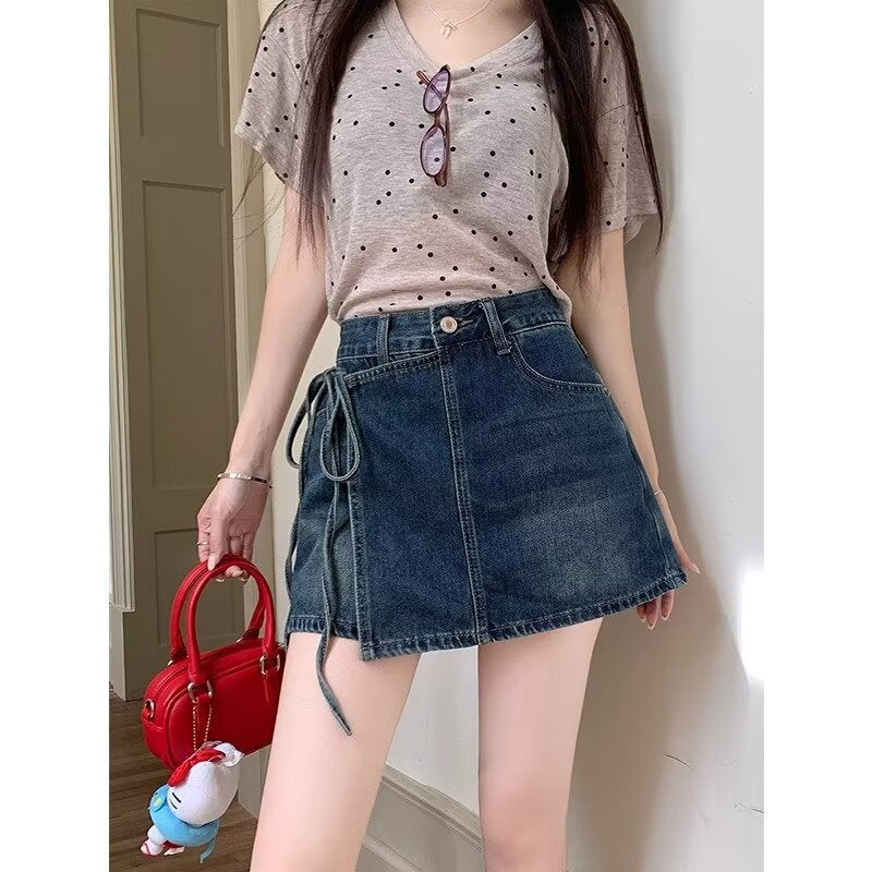 Fake Two Pieces Denim Shorts Summer A- Line High Waist Irregular