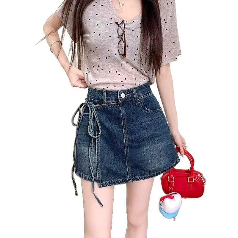 Fake Two Pieces Denim Shorts Summer A- Line High Waist Irregular