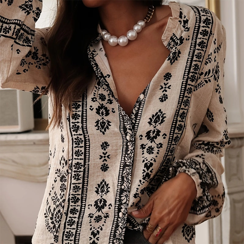 Women's Elegant Printed Blouse - Flowy Boho Shirt With Lantern Sleeves & Lace Trim, Vintage Ethnic Style Loose Top For Spring&Fall
