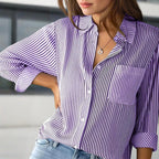 Women's Elegant Striped Long Sleeve Shirt - Pointed Lapel Collar With Chest Pocket, Button-Up Casual Blouse For Spring&Fall