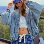 Washed Loose Round Neck Zipper Light Blue European And American Denim Jacket