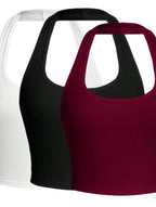 Solid Color Cropped Halter Neck Slim Fit Tank Top For Women 3PC Set
