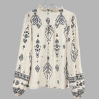Women's Elegant Printed Blouse - Flowy Boho Shirt With Lantern Sleeves & Lace Trim, Vintage Ethnic Style Loose Top For Spring&Fall