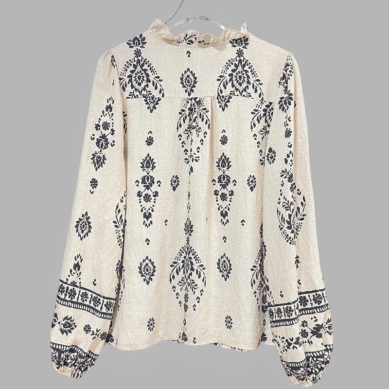 Women's Elegant Printed Blouse - Flowy Boho Shirt With Lantern Sleeves & Lace Trim, Vintage Ethnic Style Loose Top For Spring&Fall
