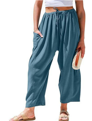 Elastic Pleated High Waist Cotton Linen Wide Leg Pants