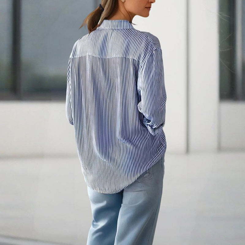 Women's Elegant Striped Long Sleeve Shirt - Pointed Lapel Collar With Chest Pocket, Button-Up Casual Blouse For Spring&Fall