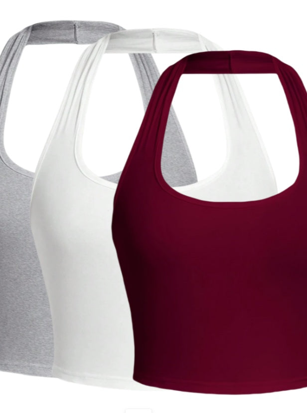 Solid Color Cropped Halter Neck Slim Fit Tank Top For Women 3PC Set
