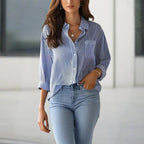 Women's Elegant Striped Long Sleeve Shirt - Pointed Lapel Collar With Chest Pocket, Button-Up Casual Blouse For Spring&Fall
