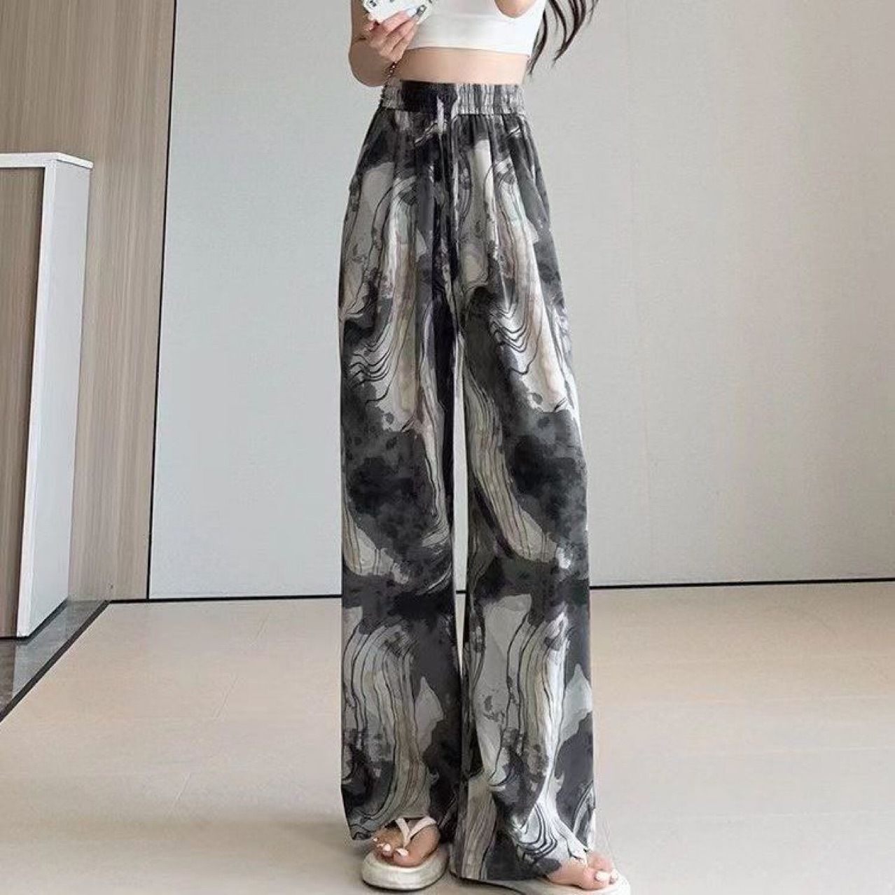 Tie-dyed Ink Painting Elastic High Waist Loose Casual Pants