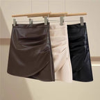 Black Small Leather Skirt Women's Springautumnwinter High Waist Ruffle Hip Short Skirt