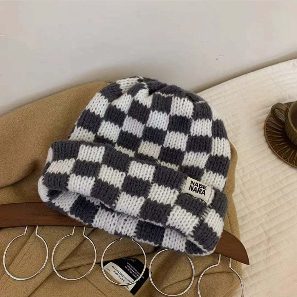 Chessboard Plaid Knitted Hat Women's Autumn And Winter Korean Style
