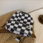 Chessboard Plaid Knitted Hat Women's Autumn And Winter Korean Style