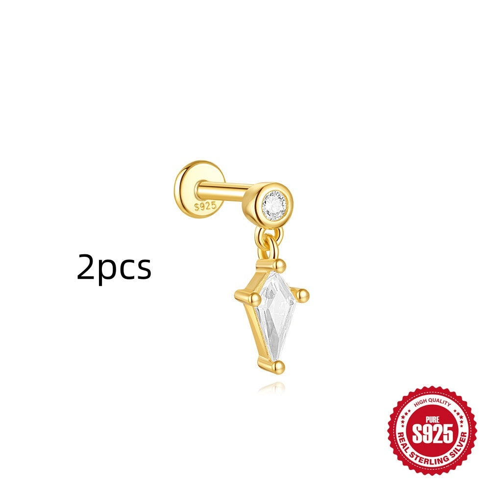 S925 Sterling Silver Geometric Kite Rhinestone-encrusted Chain Tassel Flat Head