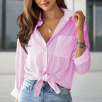 Women's Elegant Striped Long Sleeve Shirt - Pointed Lapel Collar With Chest Pocket, Button-Up Casual Blouse For Spring&Fall