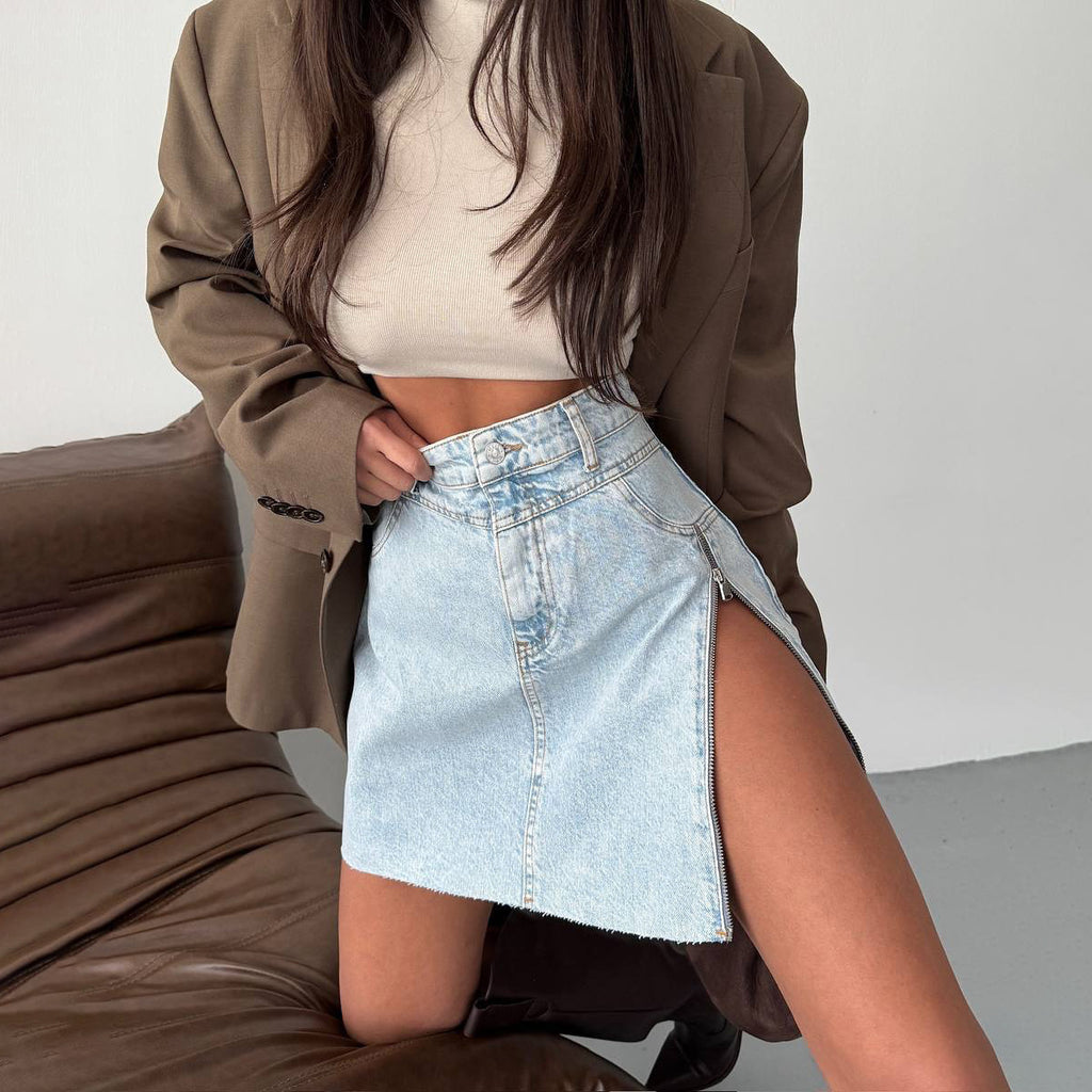 Design Zipper Split Denim Skirt Women