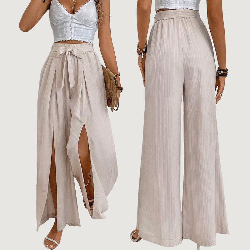 High Waist Wide Leg Women's Fashion Loose Lace-up Slit Casual Pants