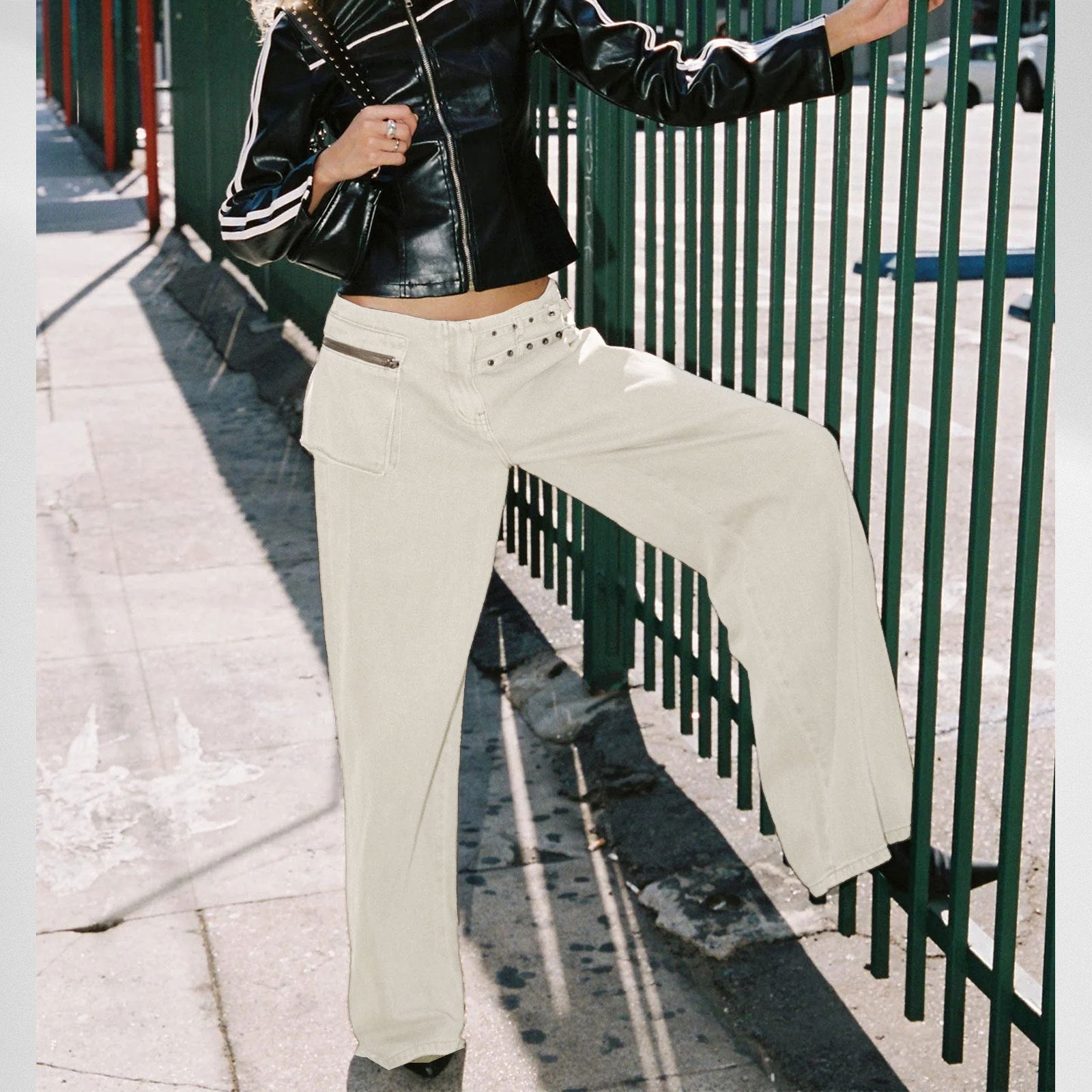 European And American Dark Wide-leg Jeans Personalized Belt Buckle Asymmetric Pocket Drag Sister Out Of The Street