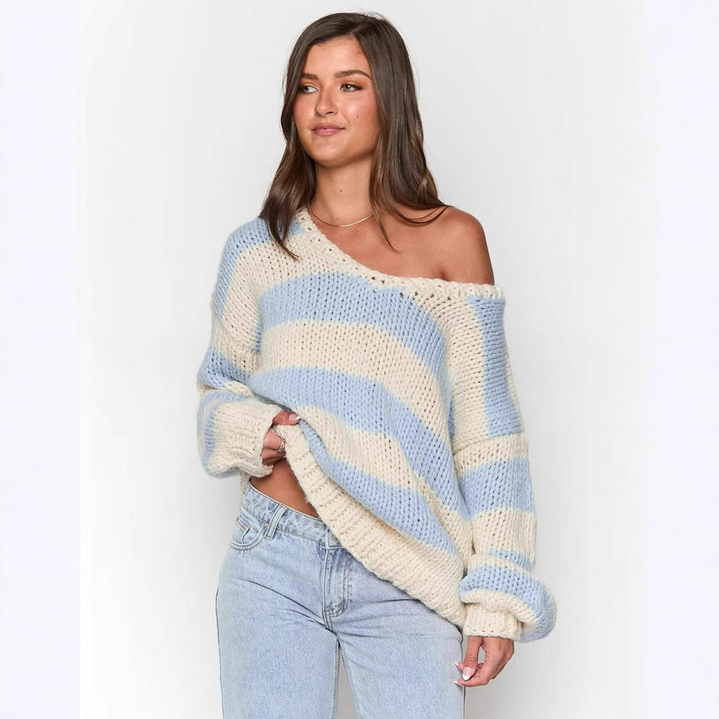 Fall Winter Fashion Casual Loose Knitted Sweater Oblique Shoulder