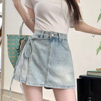 Fake Two Pieces Denim Shorts Summer A- Line High Waist Irregular
