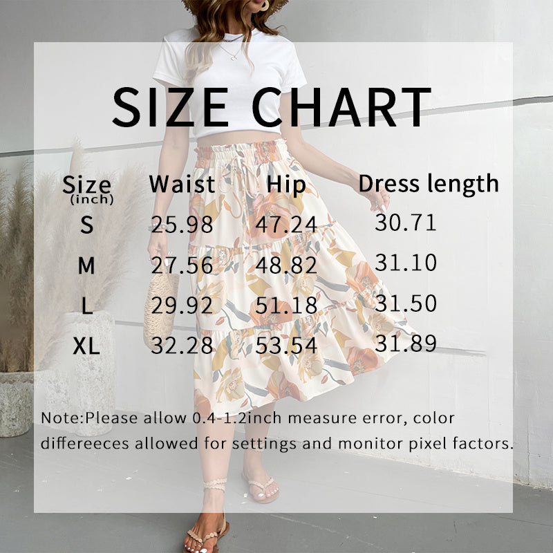 Women's Floral Tiered Midi Skirt Elastic Waist Dressy Casual A-line Flowy Boho Skirts