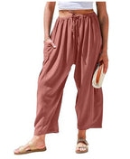 Elastic Pleated High Waist Cotton Linen Wide Leg Pants